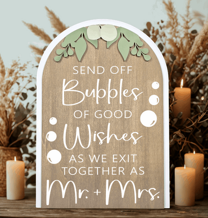 3D Arched Bubble Send Off Style 1 Wedding Sign | Modern Eucalyptus Table Decor