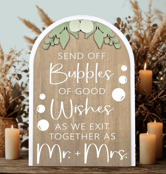 3D Arched Bubble Send Off Style 1 Wedding Sign | Modern Eucalyptus Table Decor