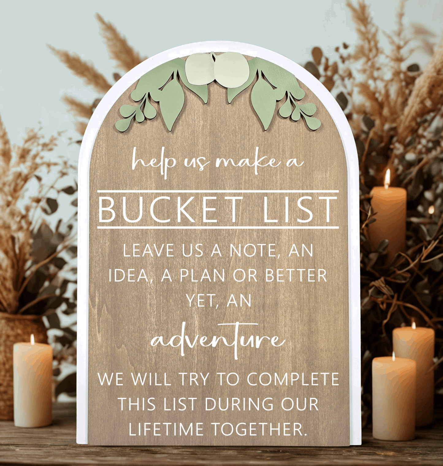3D Arched Bucket List Wedding Sign | Modern Eucalyptus Guest Book Alternative Table Decor