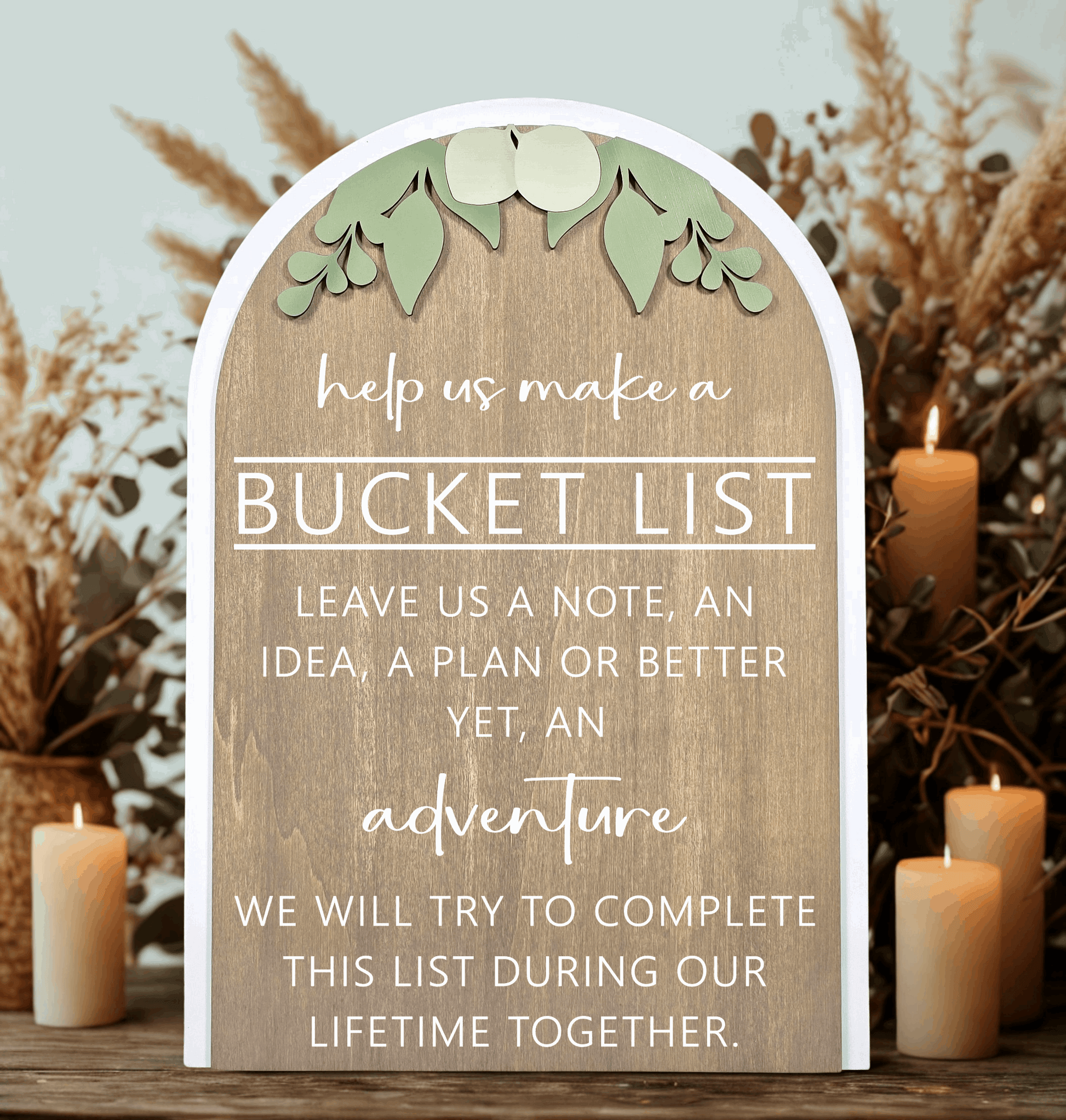 3D Arched Bucket List Wedding Sign | Modern Eucalyptus Guest Book Alternative Table Decor