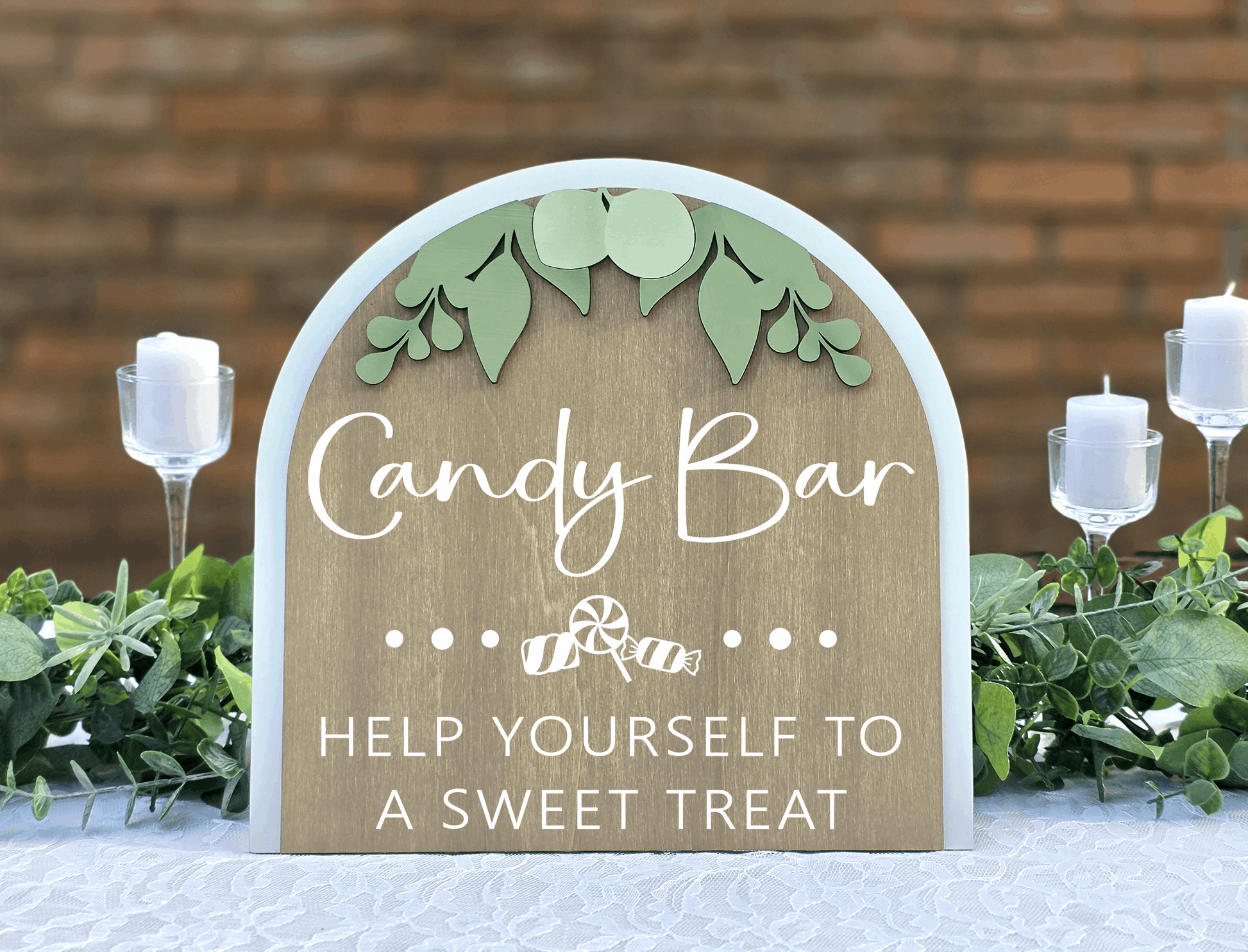 3D Arched Candy Bar Wedding Sign | Tabletop Eucalyptus Reception Dessert Station Decor