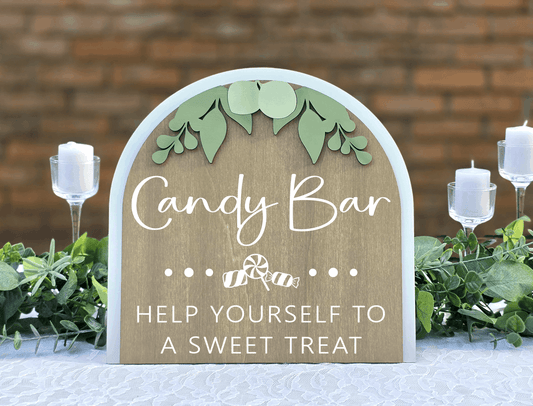 3D Arched Candy Bar Wedding Sign | Tabletop Eucalyptus Reception Dessert Station Decor
