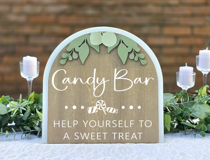 3D Arched Candy Bar Wedding Sign | Tabletop Eucalyptus Reception Dessert Station Decor