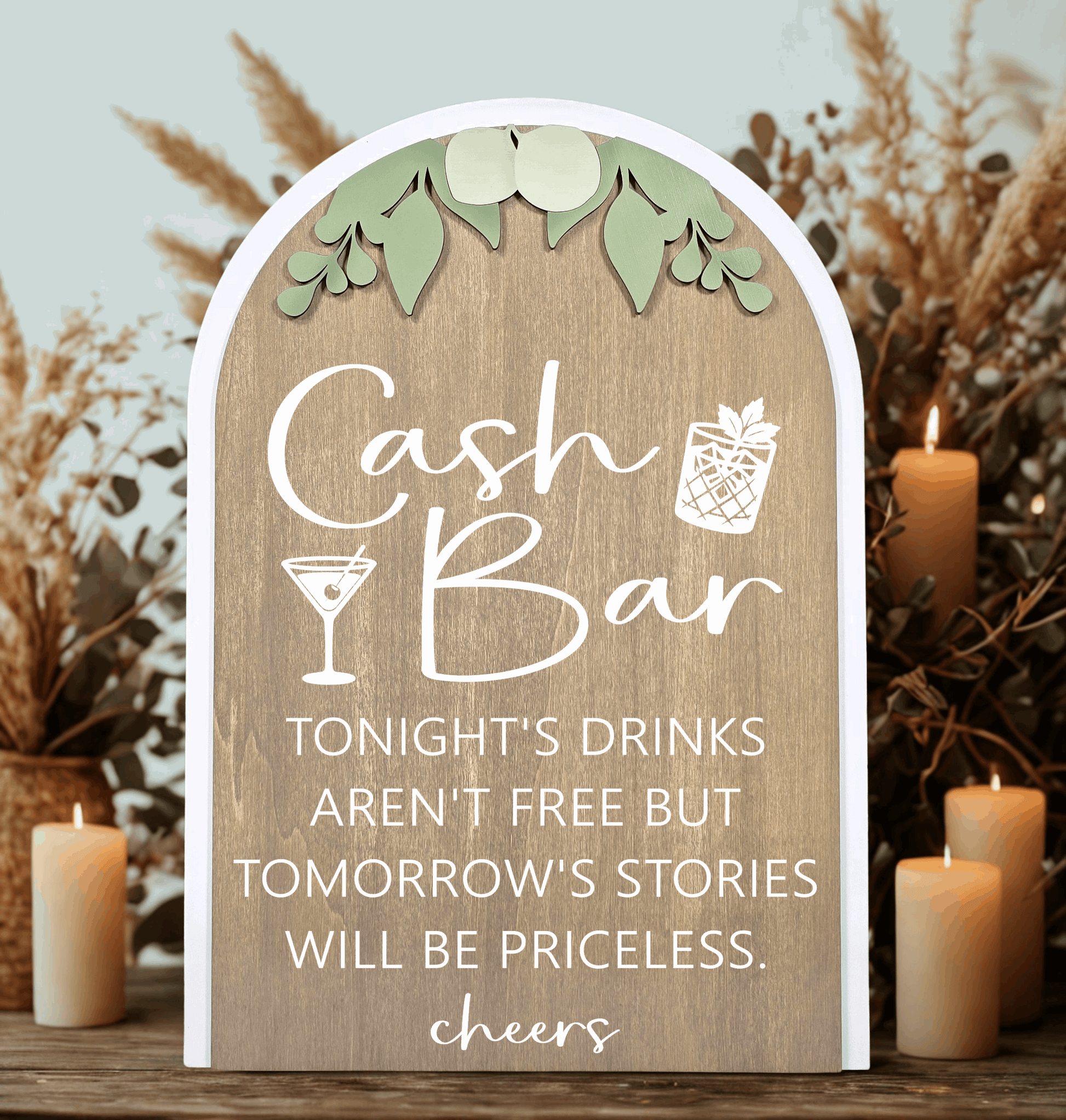 3D Arched Cash Bar Wedding Sign | Modern Eucalyptus Reception Beverage Decor