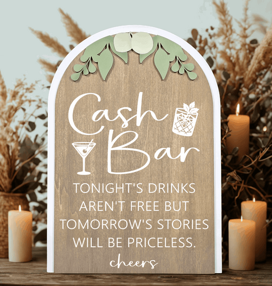 3D Arched Cash Bar Wedding Sign | Modern Eucalyptus Reception Beverage Decor