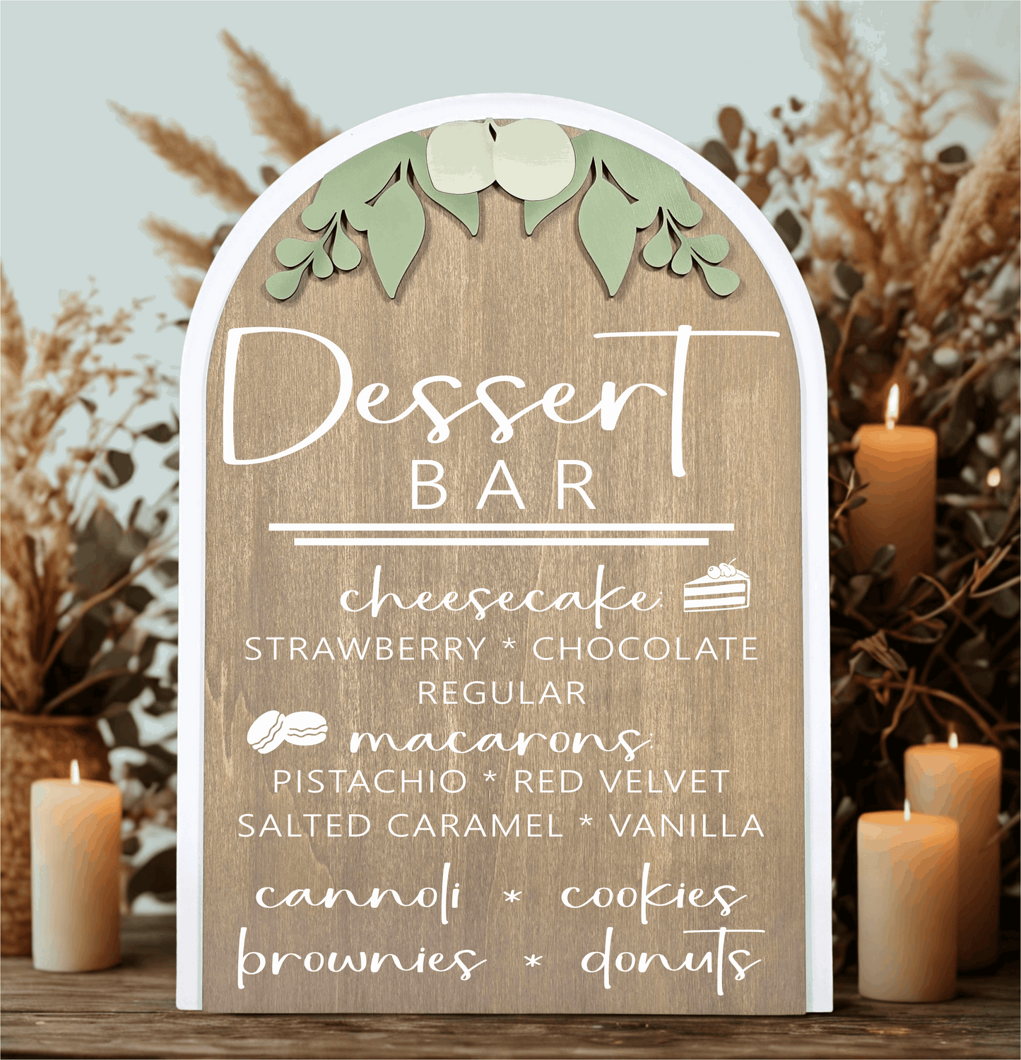 3D Arched Custom Dessert Bar Menu Sign | Eucalyptus Reception Sweets Decor