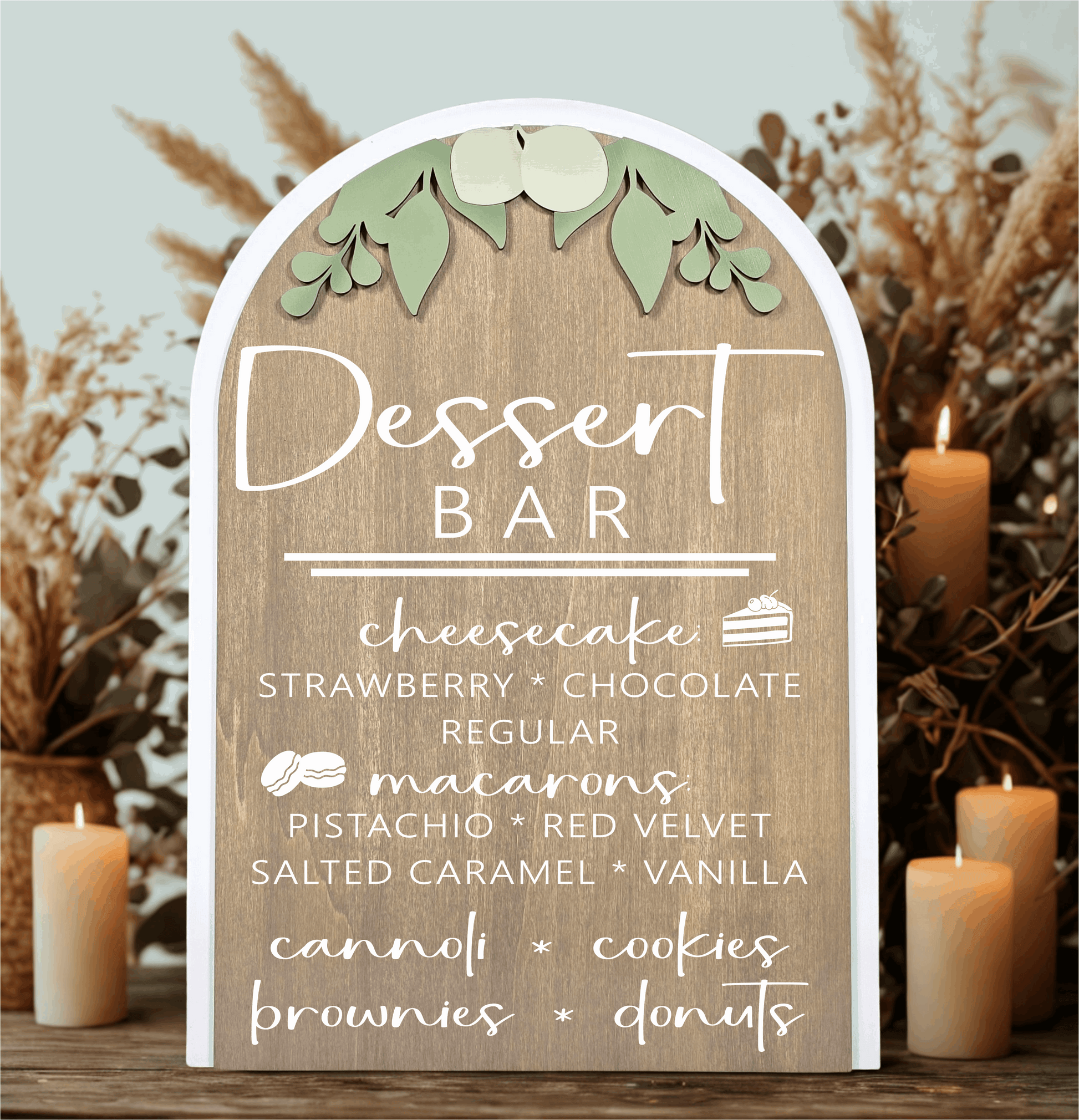 3D Arched Custom Dessert Bar Menu Sign | Eucalyptus Reception Sweets Decor