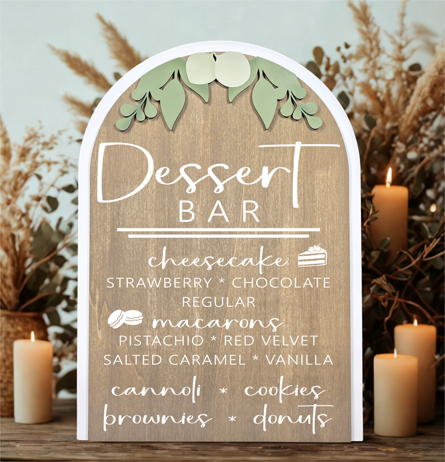 3D Arched Custom Dessert Bar Menu Sign | Eucalyptus Reception Sweets Decor