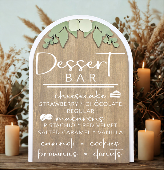 3D Arched Custom Dessert Bar Menu Sign | Eucalyptus Reception Sweets Decor