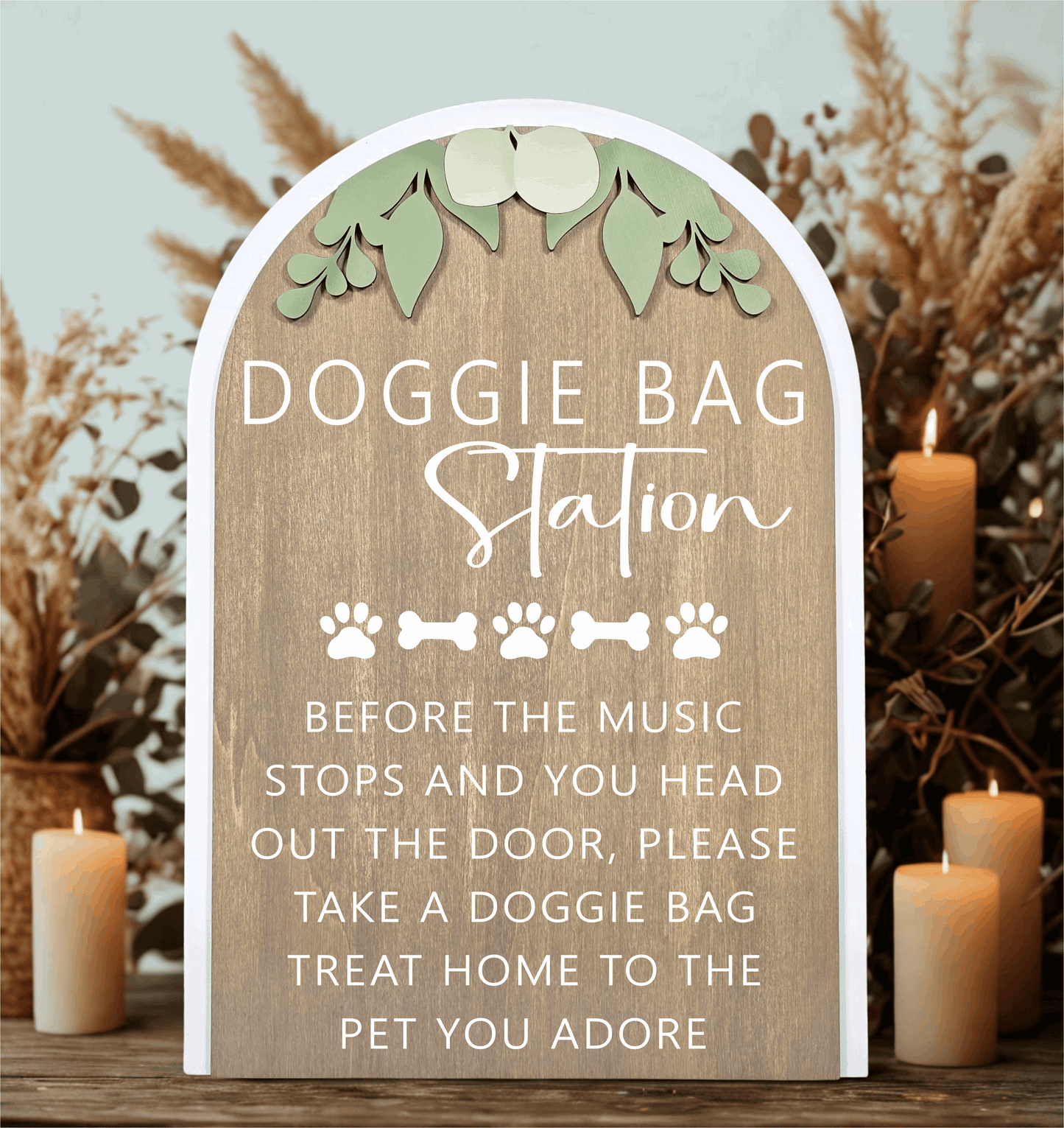 3D Arched Doggie Bag Favor Wedding Sign | Modern Eucalyptus Pet Treat Station Decor