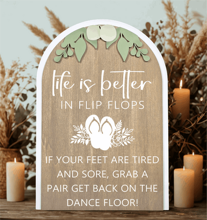 3D Arched Flip Flop Favors Wedding Sign | Modern Eucalyptus Reception Dance Floor Decor
