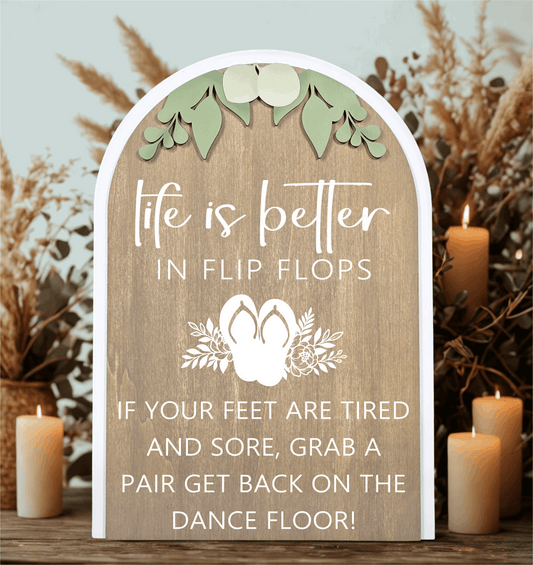 3D Arched Flip Flop Favors Wedding Sign | Modern Eucalyptus Reception Dance Floor Decor