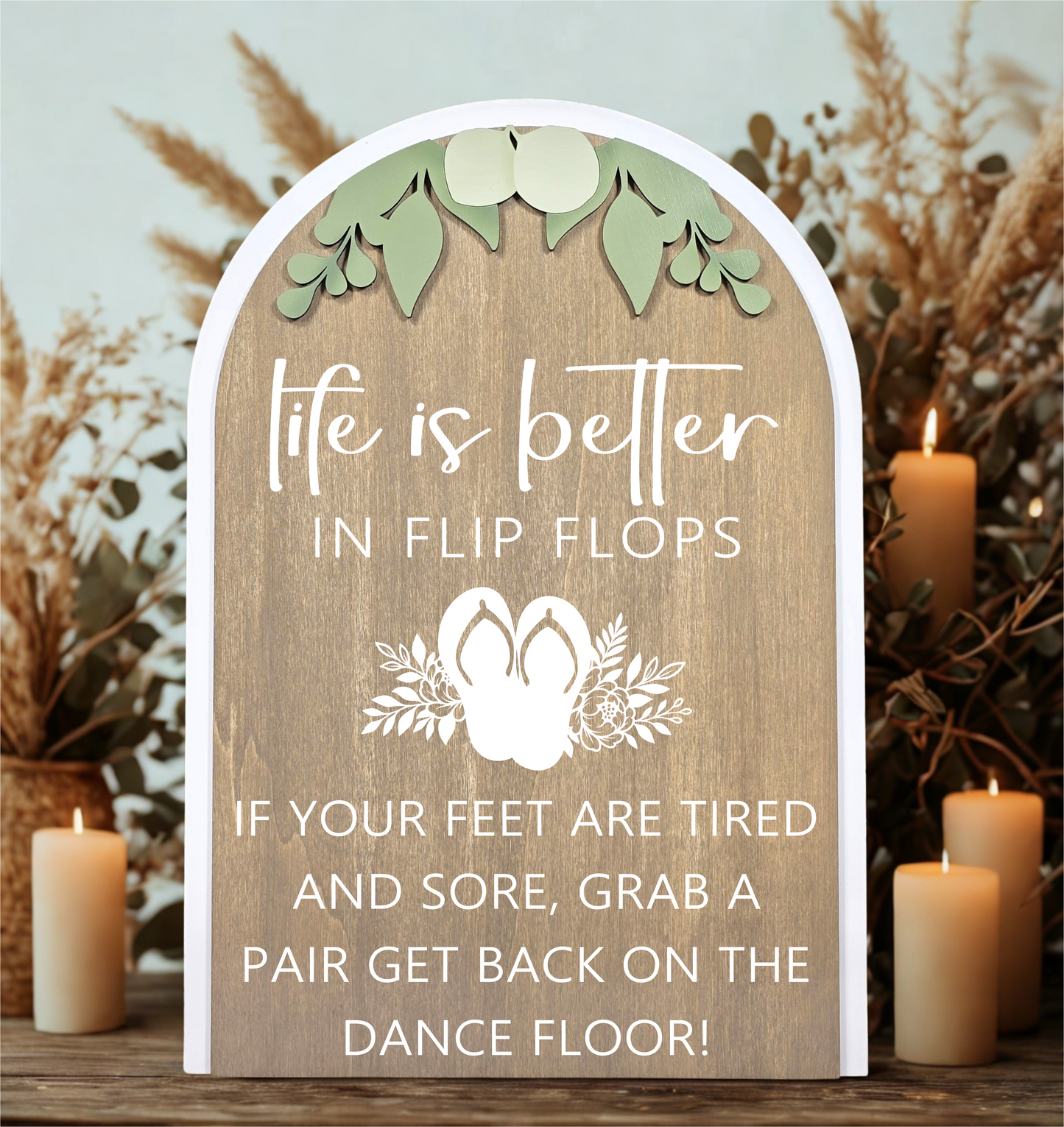 3D Arched Flip Flop Favors Wedding Sign | Modern Eucalyptus Reception Dance Floor Decor
