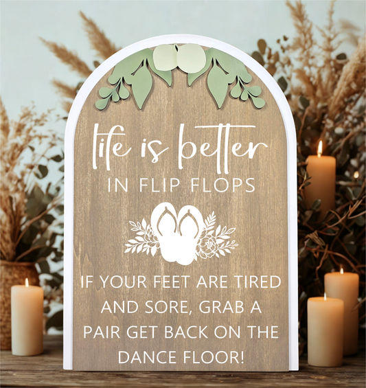 3D Arched Flip Flop Favors Wedding Sign | Modern Eucalyptus Reception Dance Floor Decor