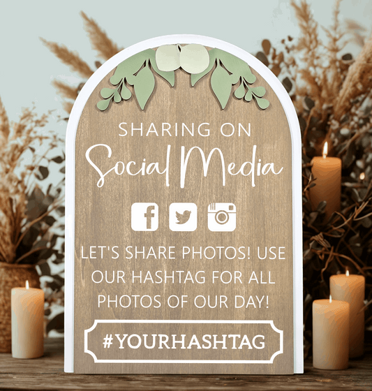 3D Arched Custom Hashtag Wedding Sign | Modern Eucalyptus Social Media Table Decor