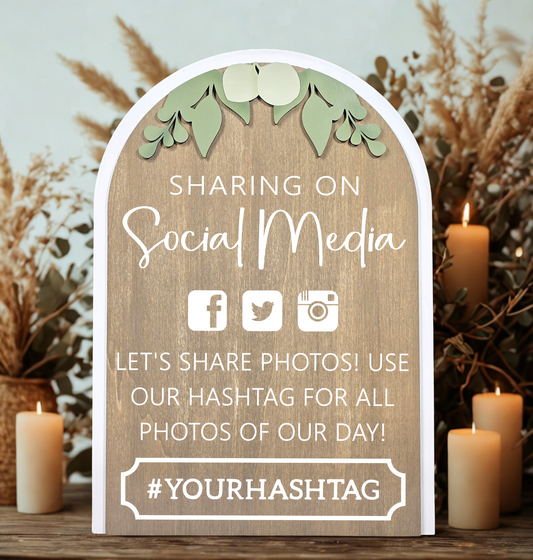 3D Arched Custom Hashtag Wedding Sign | Modern Eucalyptus Social Media Table Decor