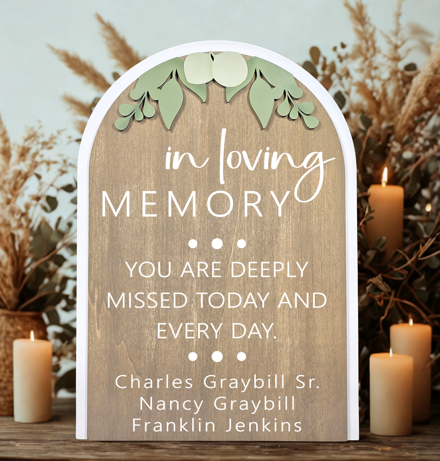 3D Arched In Loving Memory Style 1 Custom Wedding Sign | Modern Eucalyptus Memorial Table Decor