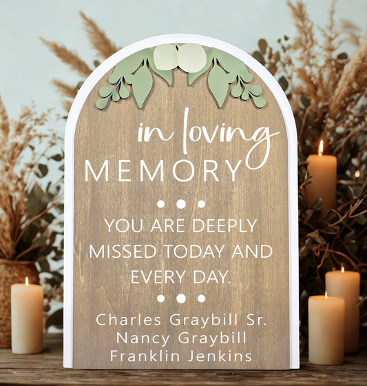 3D Arched In Loving Memory Style 1 Custom Wedding Sign | Modern Eucalyptus Memorial Table Decor