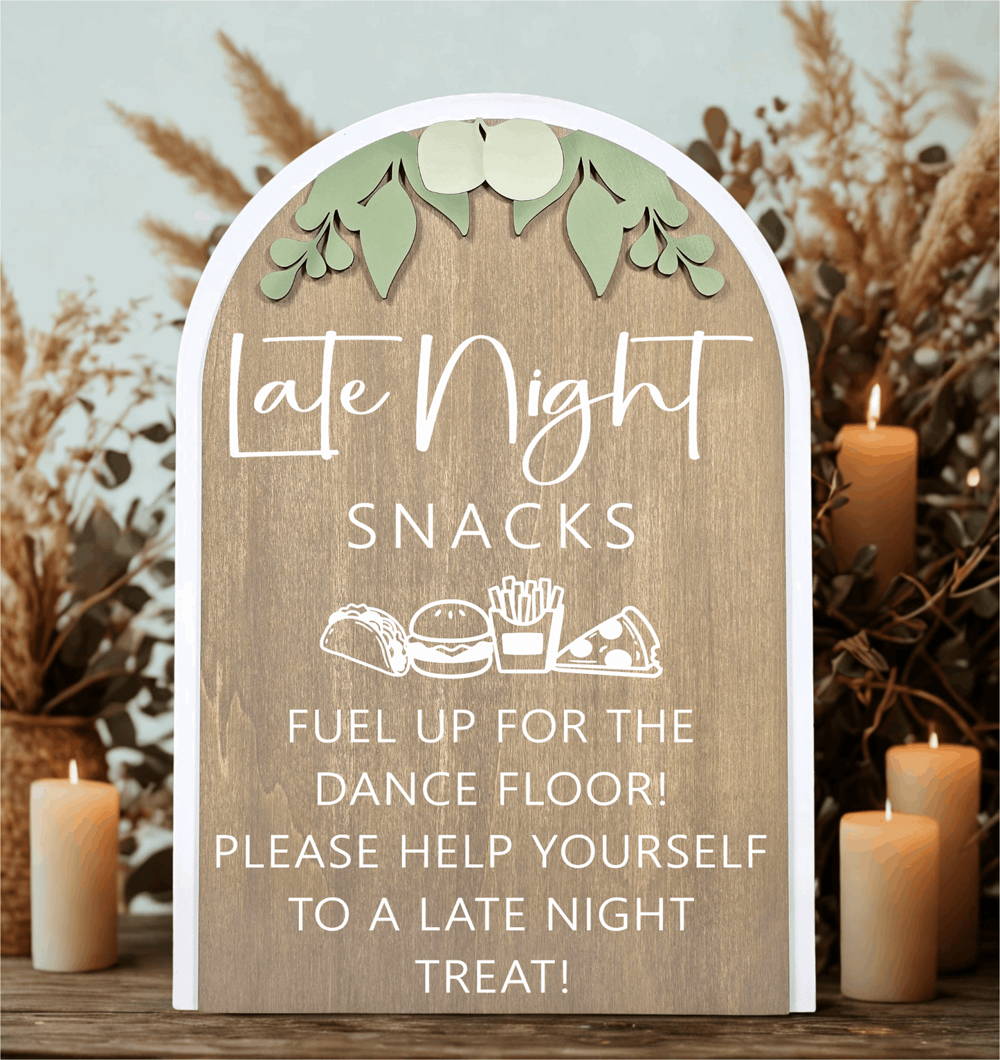 3D Arched Late Night Snacks Wedding Sign | Modern Eucalyptus Reception Food Station Decor