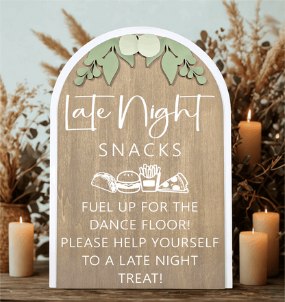 3D Arched Late Night Snacks Wedding Sign | Modern Eucalyptus Reception Food Station Decor