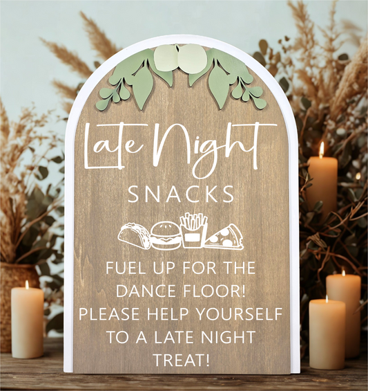 3D Arched Late Night Snacks Wedding Sign | Modern Eucalyptus Reception Food Station Decor