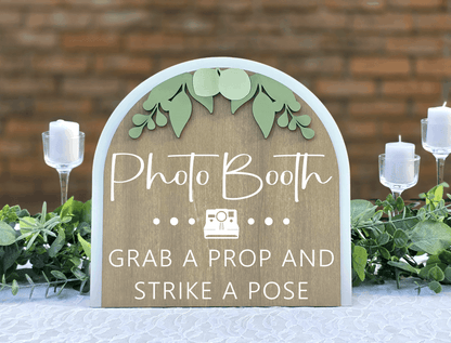 3D Arched Small Photo Booth Wedding Sign | Modern Tabletop Eucalyptus Prop Station Decor