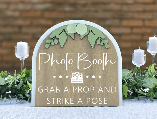 3D Arched Small Photo Booth Wedding Sign | Modern Tabletop Eucalyptus Prop Station Decor