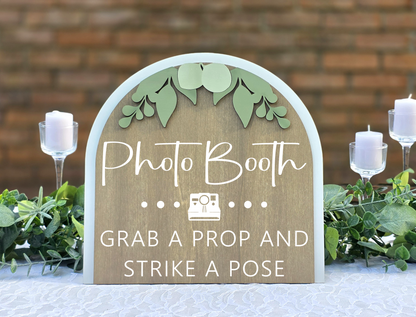 3D Arched Small Photo Booth Wedding Sign | Modern Tabletop Eucalyptus Prop Station Decor