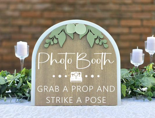 3D Arched Small Photo Booth Wedding Sign | Modern Tabletop Eucalyptus Prop Station Decor