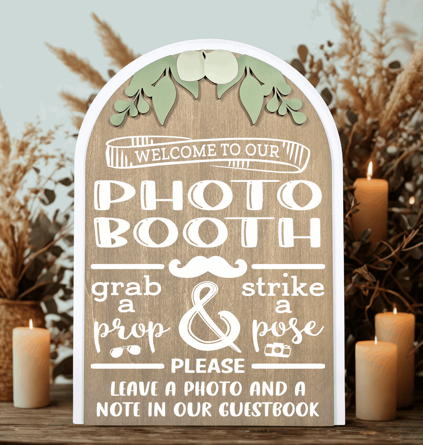 3D Arched Photo Booth Style 1 Wedding Sign | Modern  Eucalyptus Prop Station Table Decor