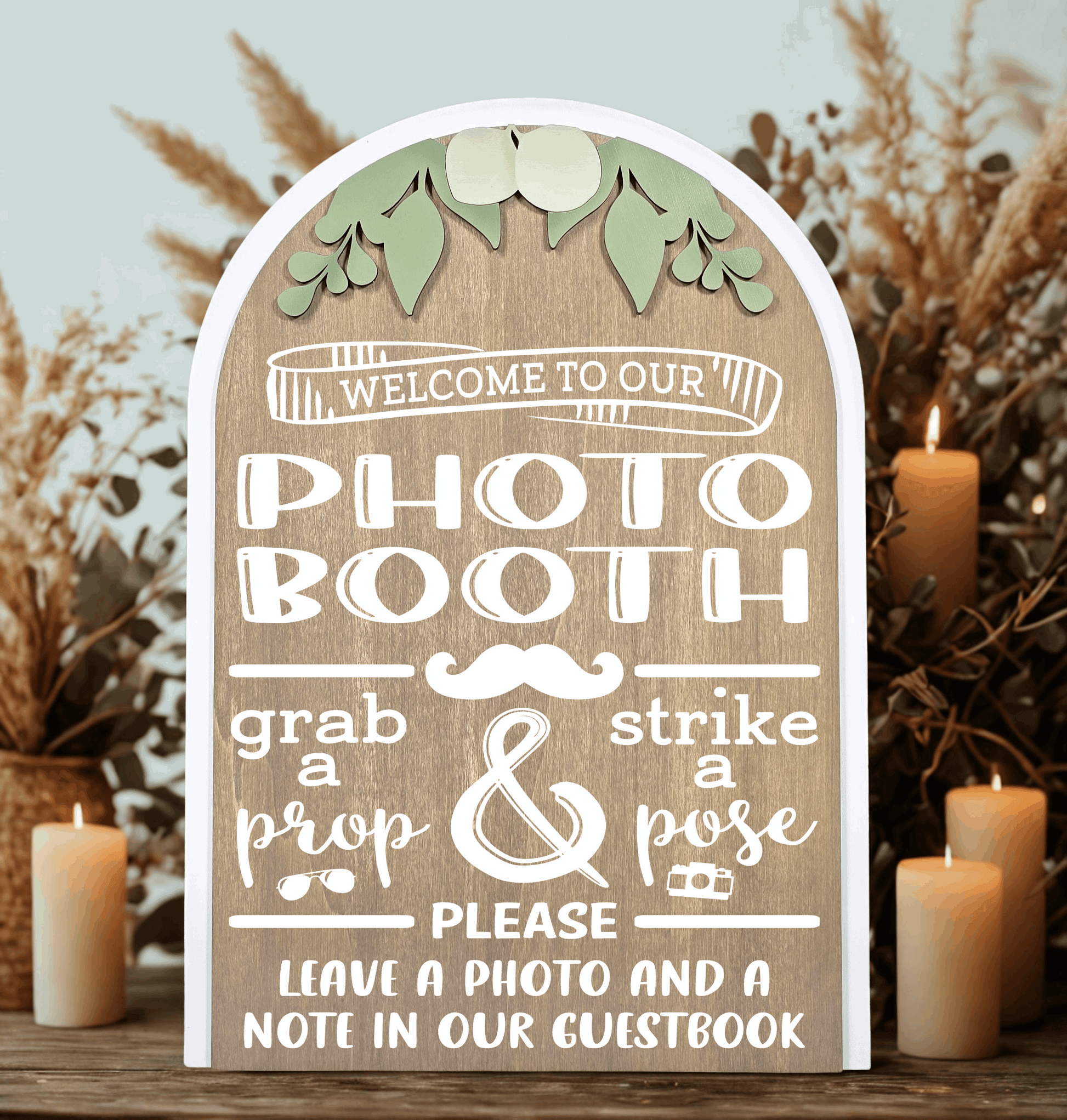 3D Arched Photo Booth Style 1 Wedding Sign | Modern  Eucalyptus Prop Station Table Decor