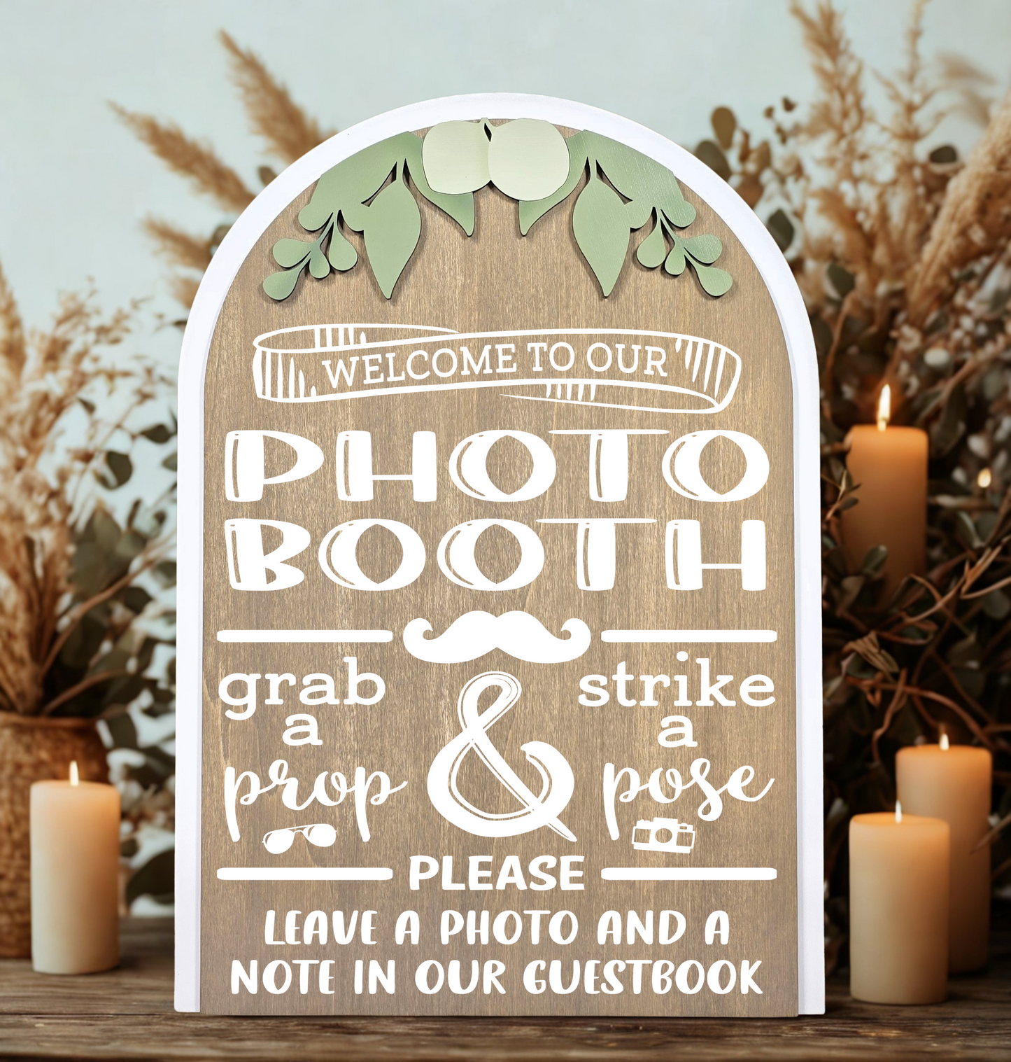 3D Arched Photo Booth Style 1 Wedding Sign | Modern  Eucalyptus Prop Station Table Decor