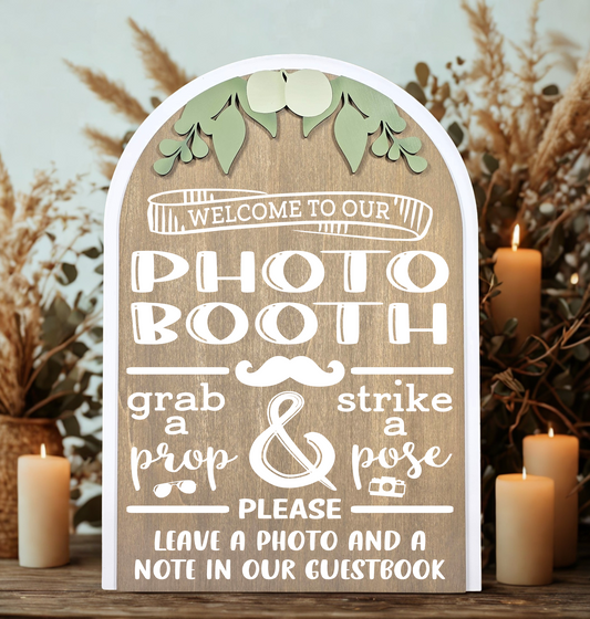 3D Arched Photo Booth Style 1 Wedding Sign | Modern  Eucalyptus Prop Station Table Decor
