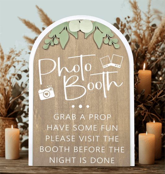 3D Arched Photo Booth Style 2 Wedding Sign | Modern Eucalyptus Prop Station Table Decor