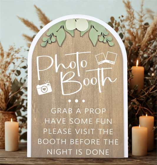 3D Arched Photo Booth Style 2 Wedding Sign | Modern Eucalyptus Prop Station Table Decor