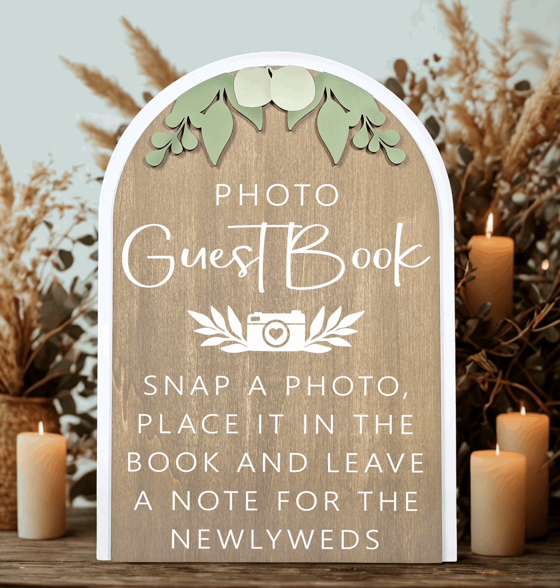 3D Arched Photo Guest Book Wedding Sign | Modern Eucalyptus Polaroid Station Decor
