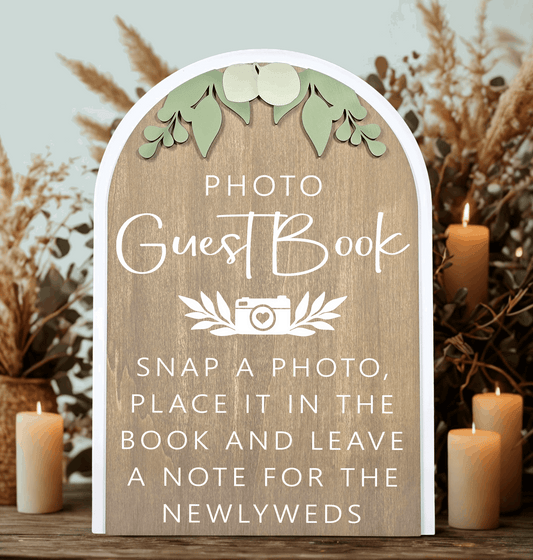3D Arched Photo Guest Book Wedding Sign | Modern Eucalyptus Polaroid Station Decor