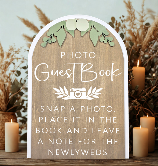 3D Arched Photo Guest Book Wedding Sign | Modern Eucalyptus Polaroid Station Decor
