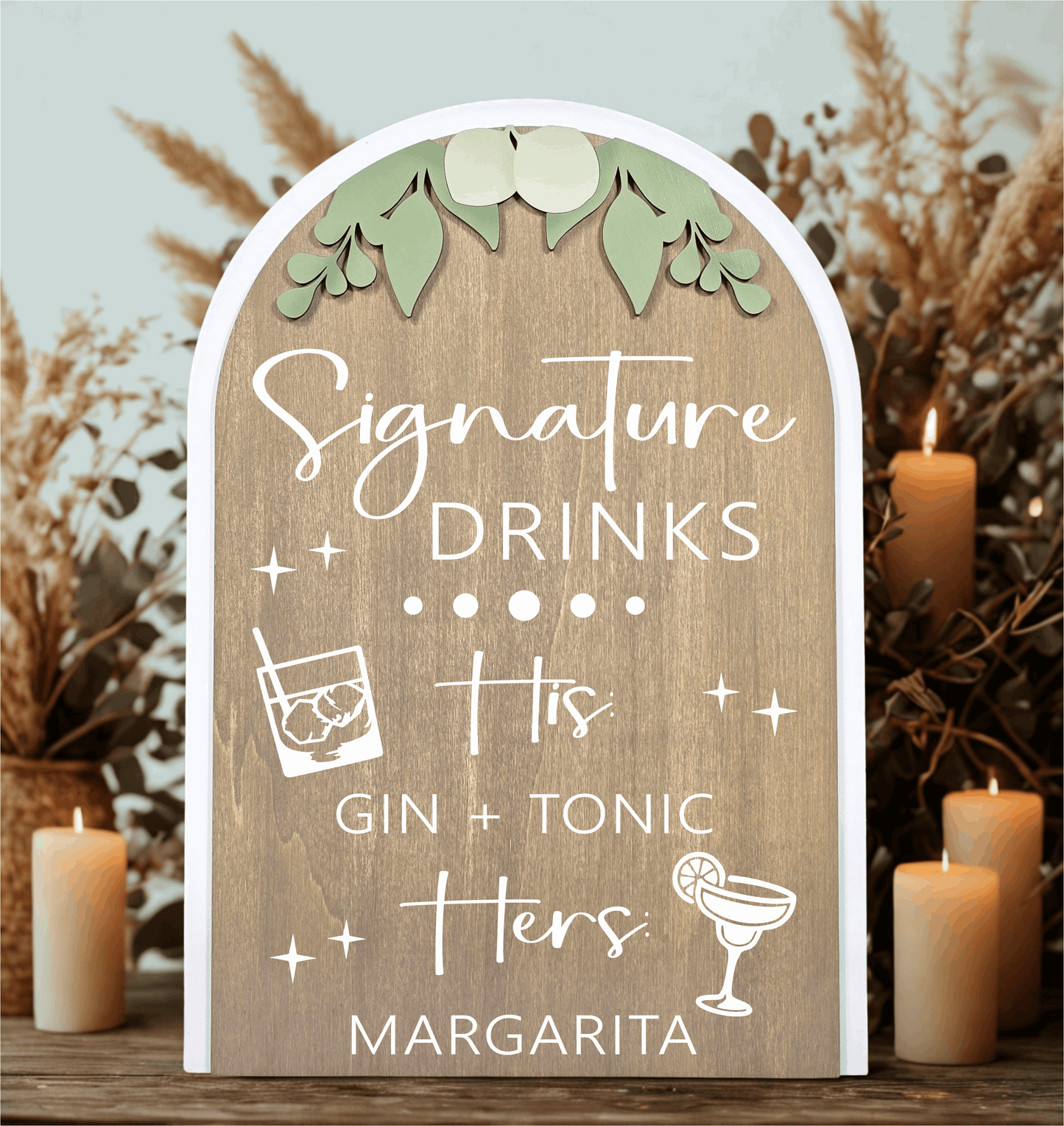 3D Arched Custom Signature Drinks Wedding Sign | Modern Eucalyptus Bar Menu Decor