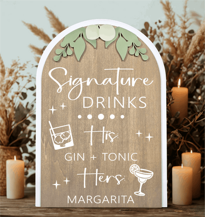 3D Arched Custom Signature Drinks Wedding Sign | Modern Eucalyptus Bar Menu Decor