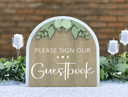 3D Arched Please Sign Our Guestbook Wedding Sign | Modern Tabletop Eucalyptus Reception Decor