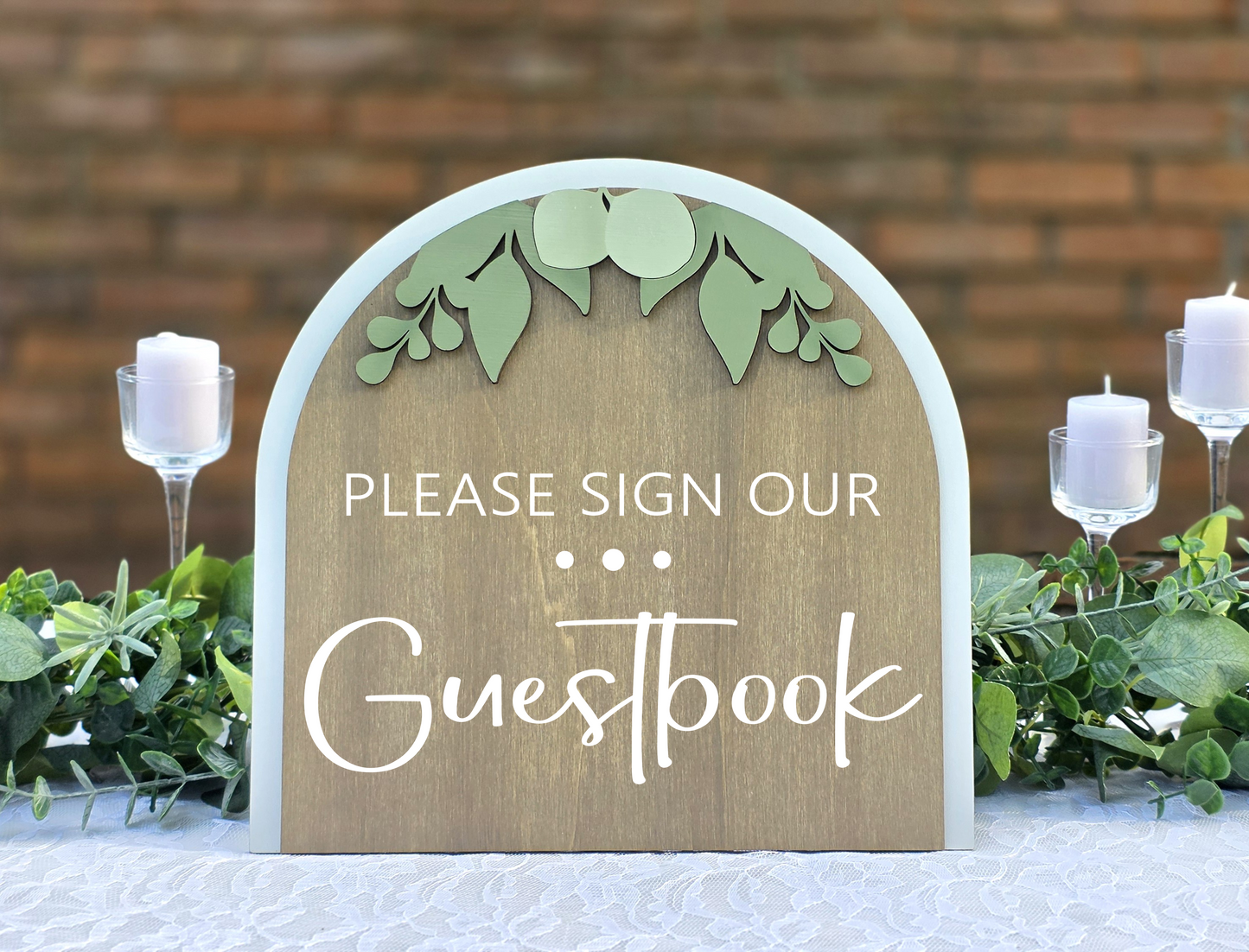3D Arched Please Sign Our Guestbook Wedding Sign | Modern Tabletop Eucalyptus Reception Decor