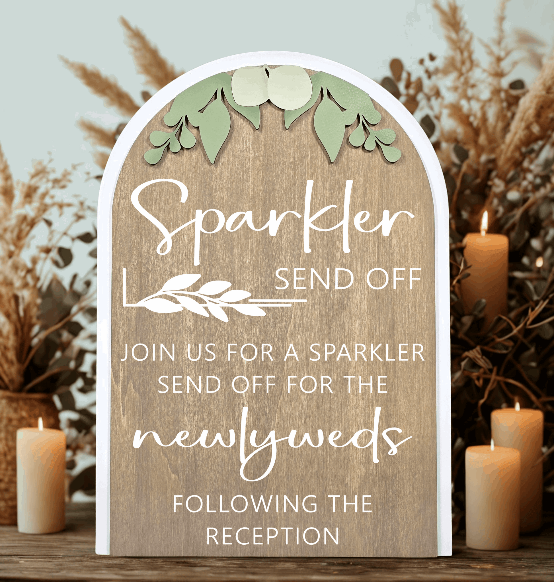 3D Arched Sparkler Send Off Style 2 Wedding Sign | Modern Eucalyptus Table Decor