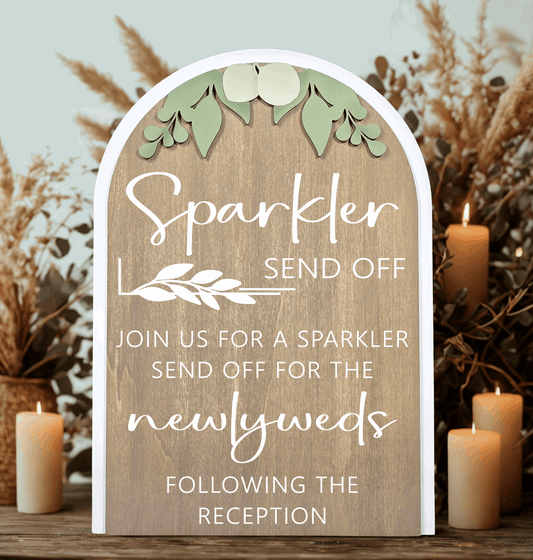 3D Arched Sparkler Send Off Style 2 Wedding Sign | Modern Eucalyptus Table Decor