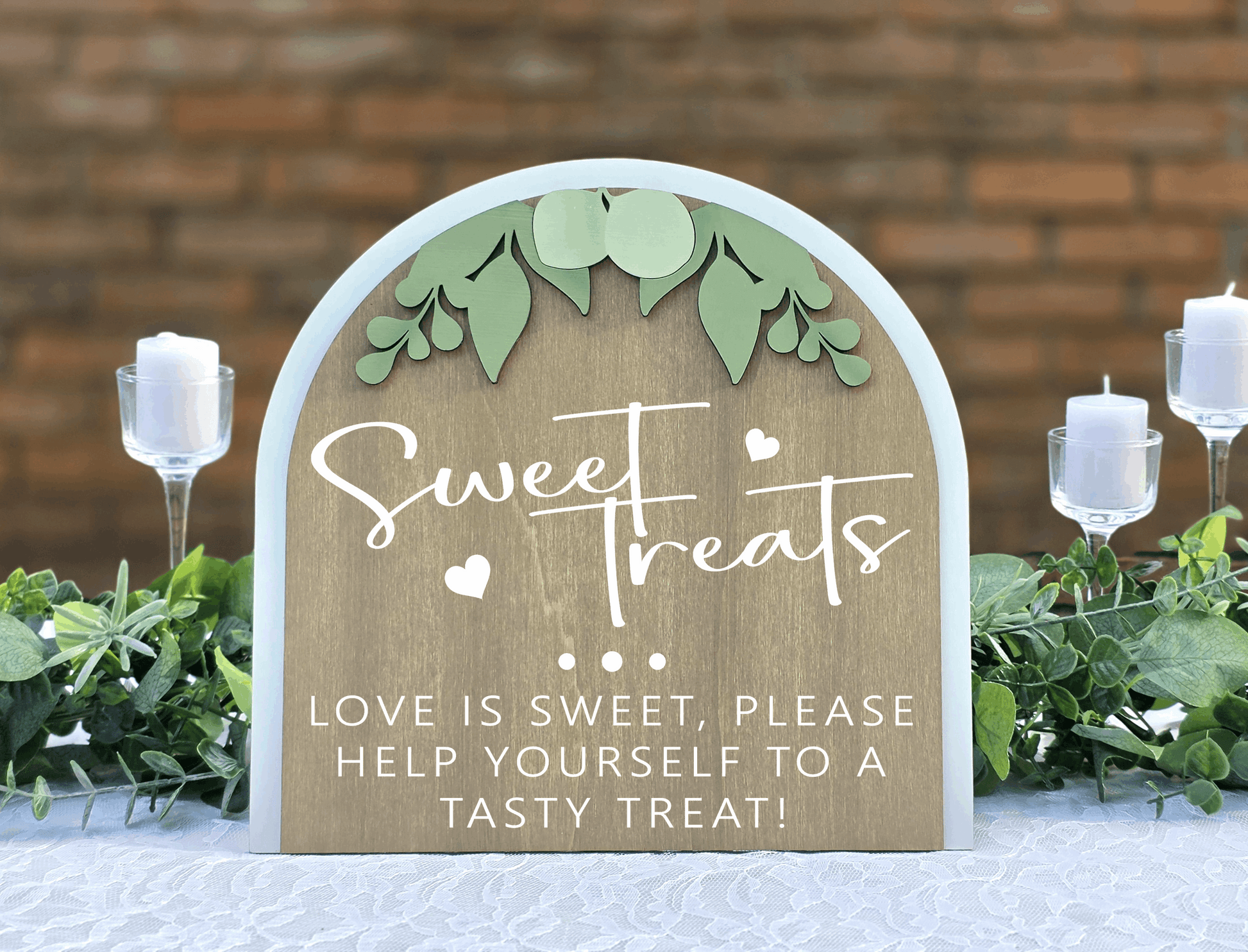 3D Arched Sweet Treats Wedding Sign | Tabletop Eucalyptus Reception Dessert Station Decor