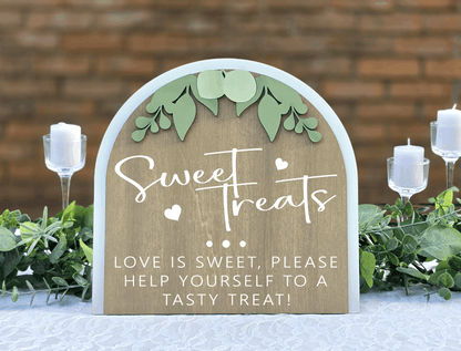 3D Arched Sweet Treats Wedding Sign | Tabletop Eucalyptus Reception Dessert Station Decor