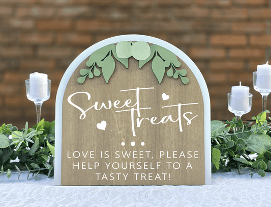 3D Arched Sweet Treats Wedding Sign | Tabletop Eucalyptus Reception Dessert Station Decor
