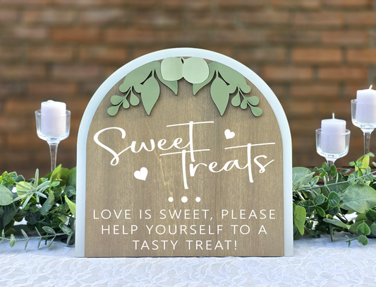 3D Arched Sweet Treats Wedding Sign | Tabletop Eucalyptus Reception Dessert Station Decor (Copy)