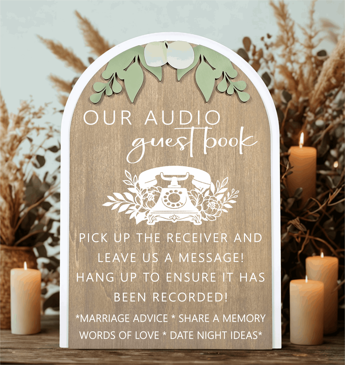 3D Arched Audio Guest Book Wedding Sign | Modern Eucalyptus Telephone Station Decor