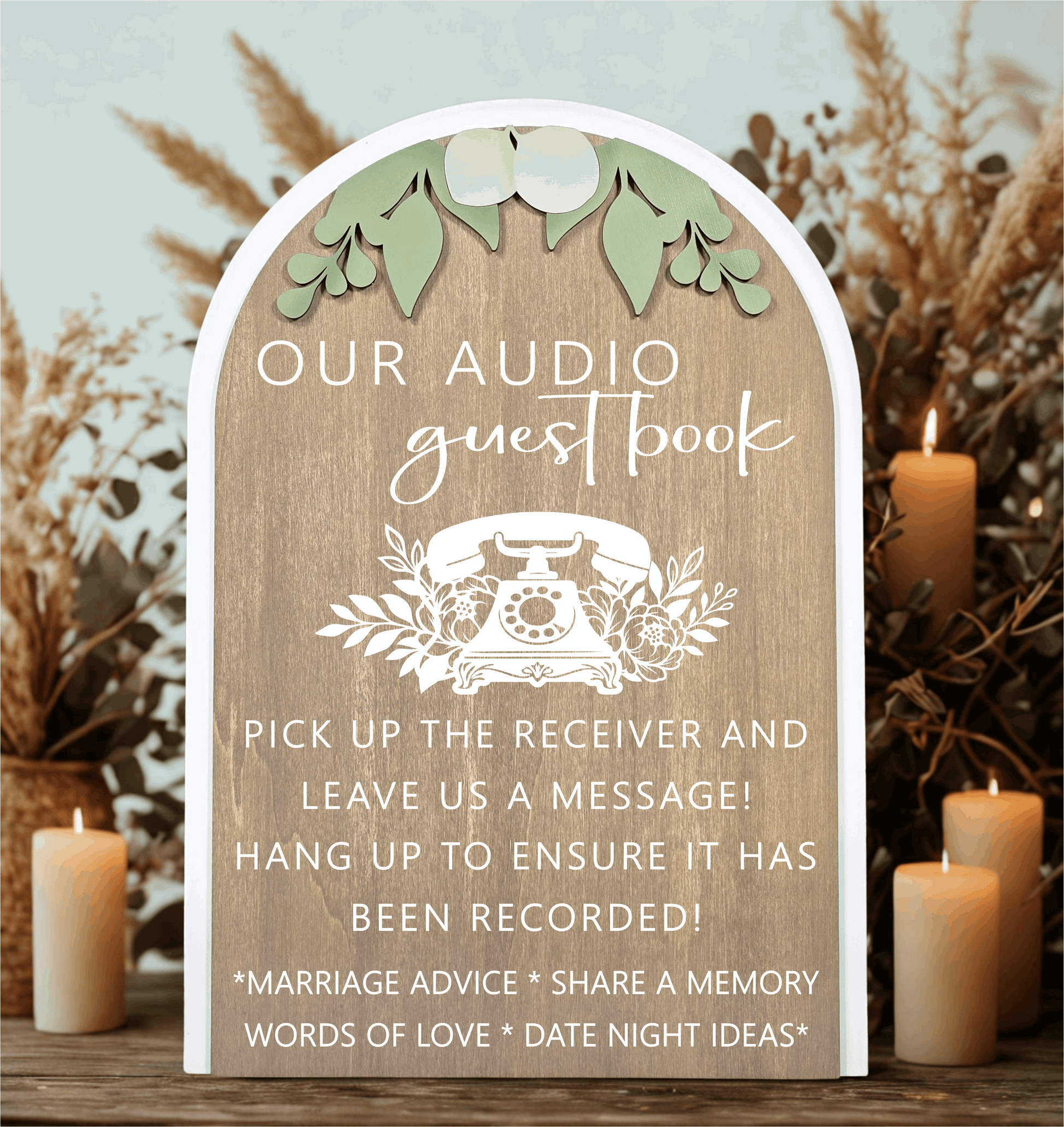 3D Arched Audio Guest Book Wedding Sign | Modern Eucalyptus Telephone Station Decor